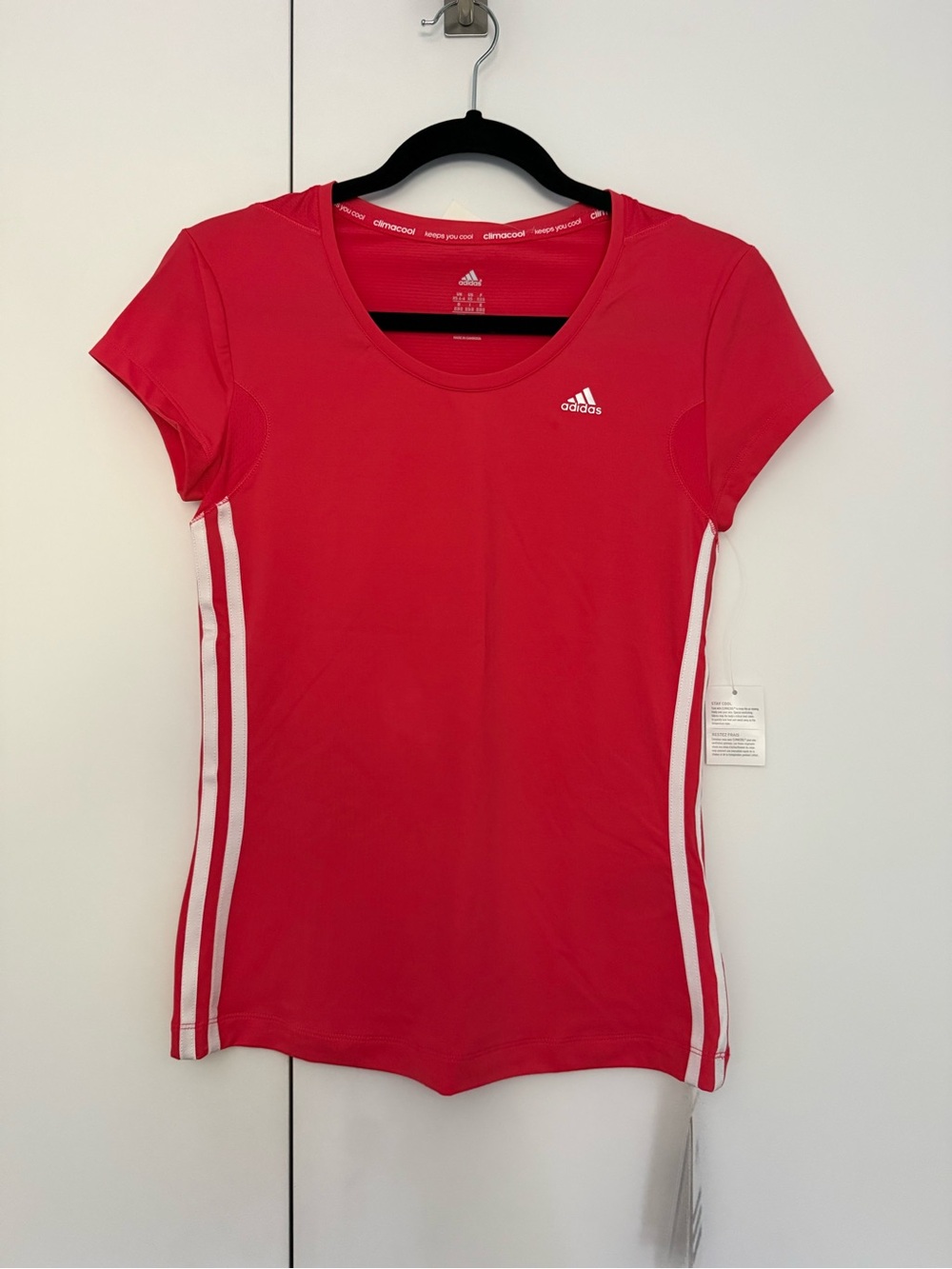 adidas Women’s Coral Red Short-Sleeve Athletic Tee with White Stripes